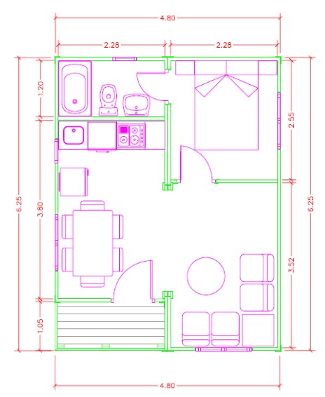 plano de casa 30 m2 madera cabana prefabricada
