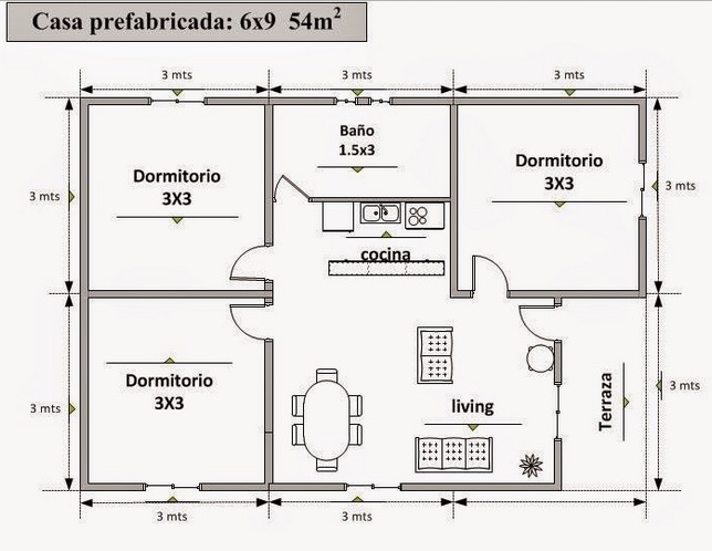 Plano de casa prefabricada con medidas de 1 piso
