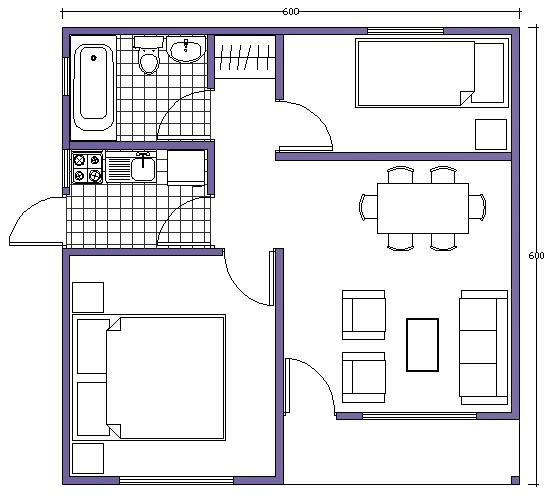 Plano de casa básico con medidas de 36m2 y 2 dormitorios