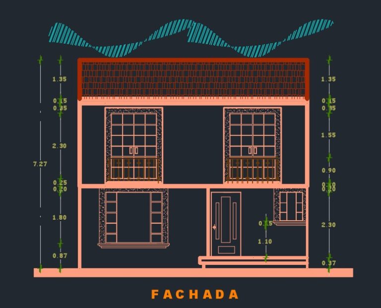 Plano de casa de 2 pisos con 3 dormitorios (Archivo CAD .DWG)