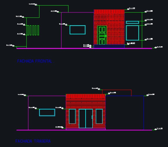 Fachada de plano de casa de 1 piso con 2 dormitorios