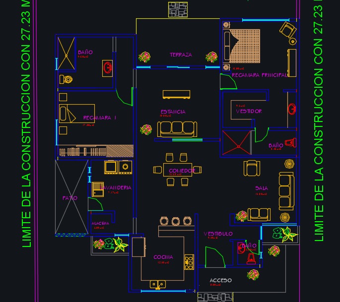 Plano de casa prototipo de 1 piso con 2 dormitorios