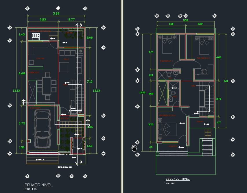 Planos del primer y segundo piso de casa de 3 niveles