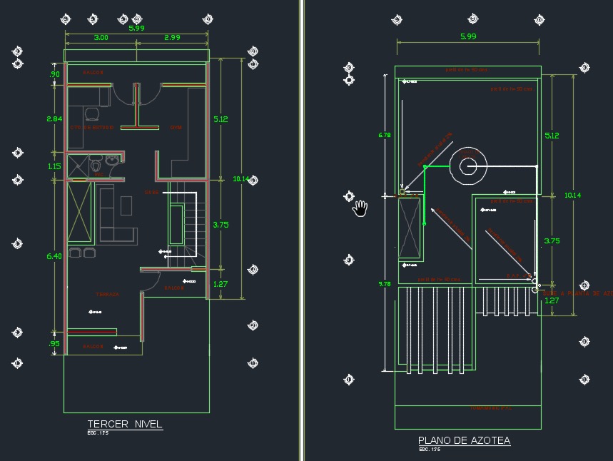 Planos del tercer piso y azotea de casa de 3 niveles
