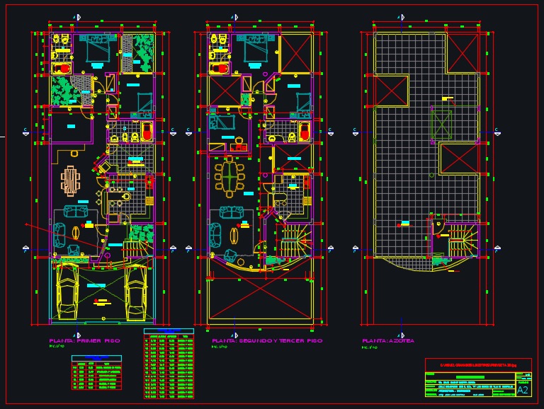 Plano en planta de casa de tres niveles