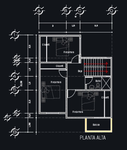 Plano de casa de dos pisos con cuatro dormitorios y dos baños - Segundo piso