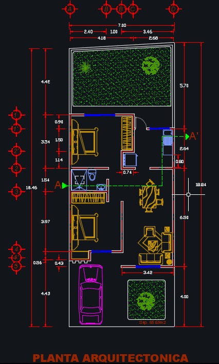 Vista en planta del plano de casa de 65m² para sitio angosto