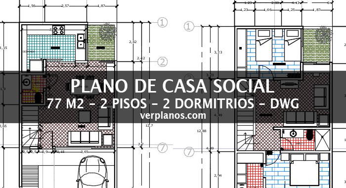 Descargar plano de casa 2 pisos 77 m2 (DWG)