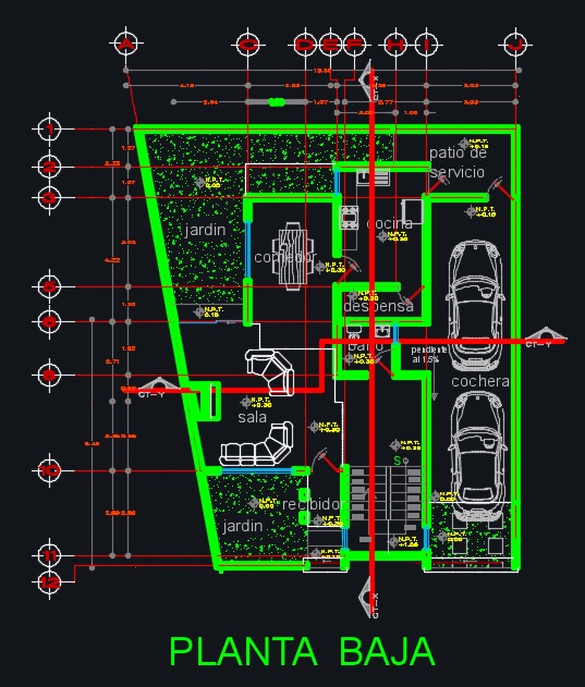 Plano del primer piso de casa mediterránea de 2 pisos