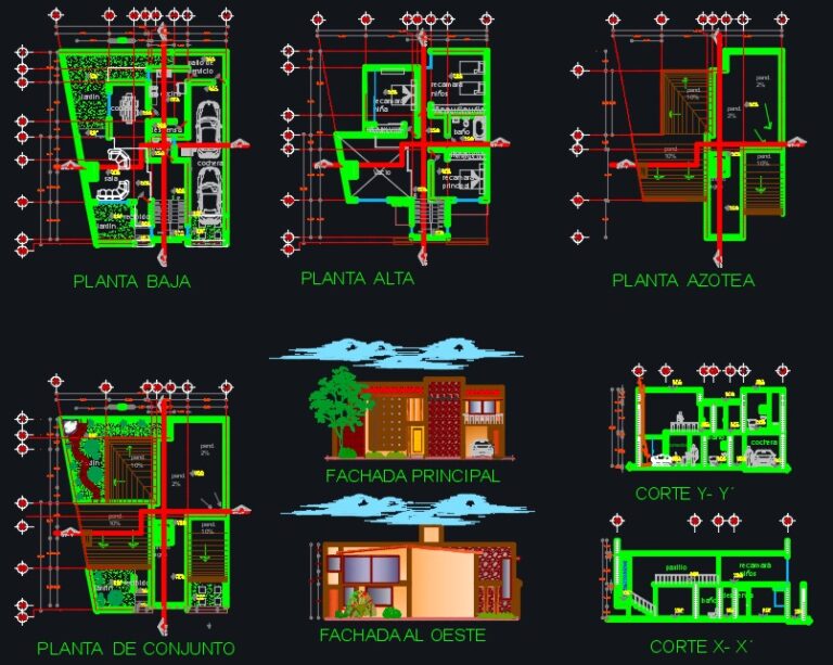 Descargar plano de casa mediterránea de 2 pisos (DWG)