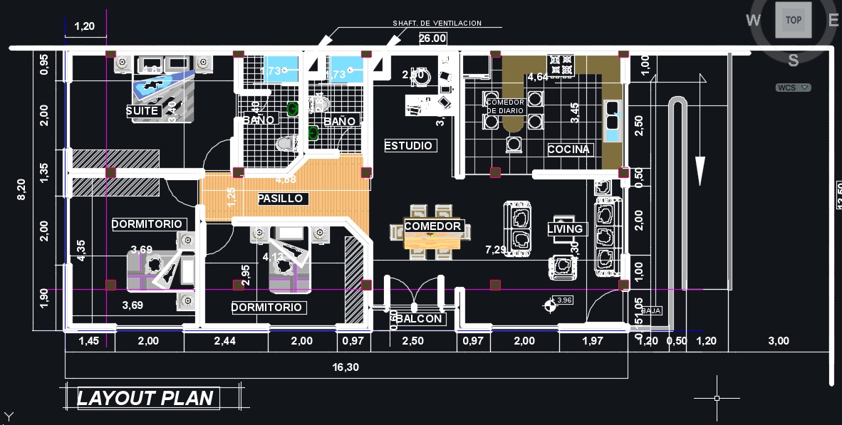 Plano de casa de un nivel con 3 dormitorios y estudio