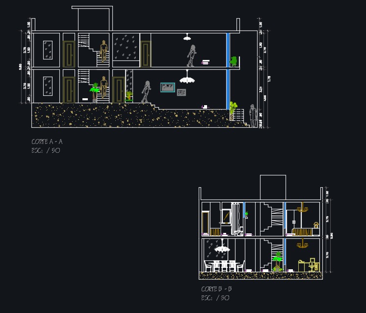 Plano de casa con cortes detallados
