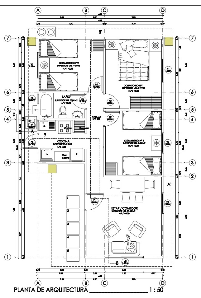 Distribución interior del plano de casa social de 1 piso