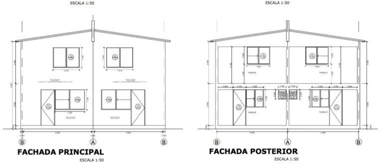 Plano de casa pareada de 2 pisos con 2 dormitorios de 58m2
