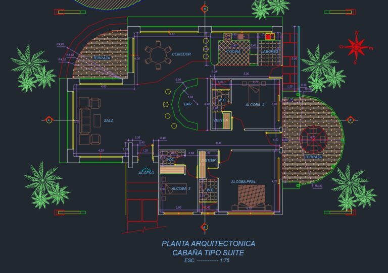 Descargar Plano de cabaña tropical con medidas 3 Dormitorios (DWG)
