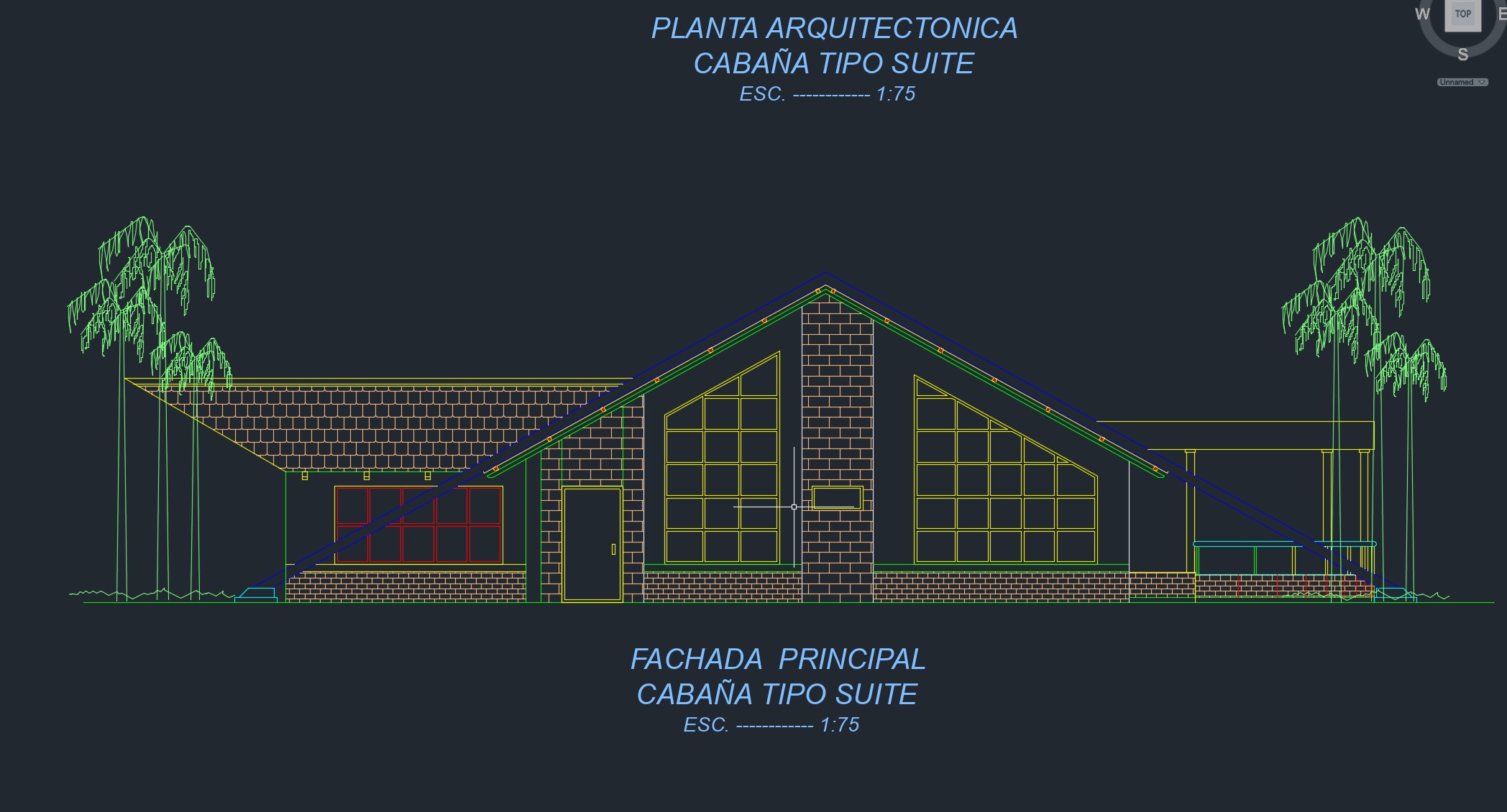 Fachada de plano de cabaña mediterránea tropical