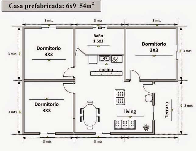 plano de casa prefabricada económica con medidas