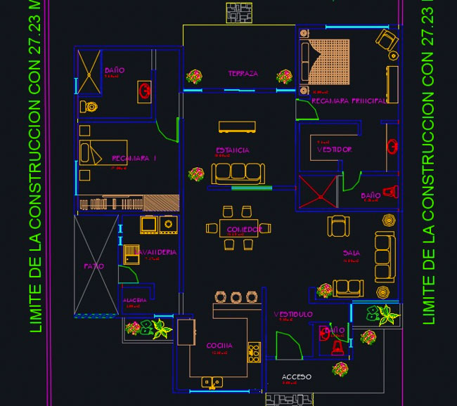 Vista previa del plano de casa grande de 1 piso en Autocad