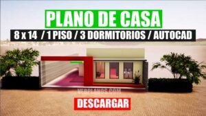 Plano de casa con medidas de 1 piso con 3 dormitorios