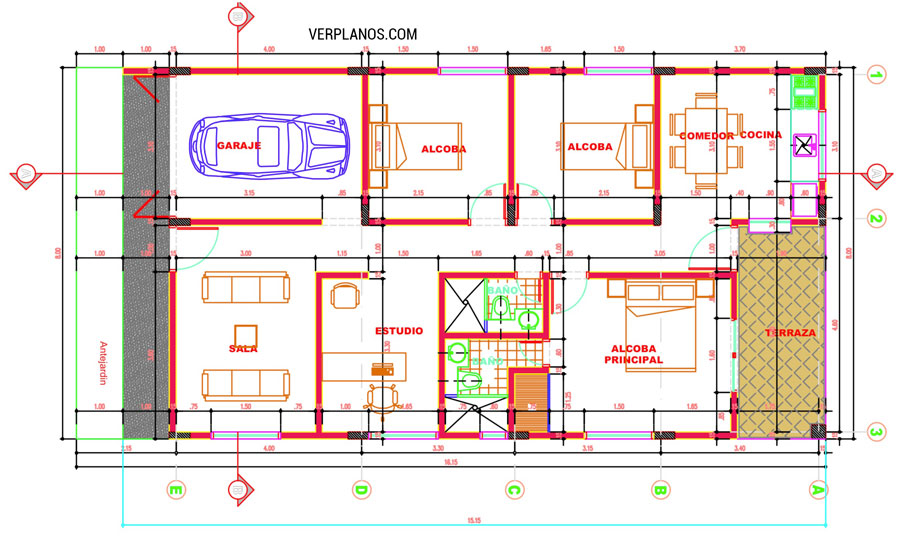Plano de casa de 1 piso con 3 dormitorios garaje y terraza con sala de estudio u oficina