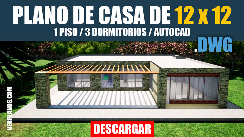 Plano de casa de 1 piso con tres dormitorios en autocad con medidas para descargar