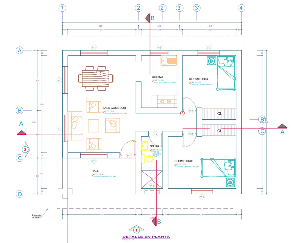 Vista en planta plano de casa de 2 dormitorios 1 piso