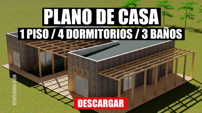 Plano de casa de campo 1 piso, 4 dormitorios y 3 baños