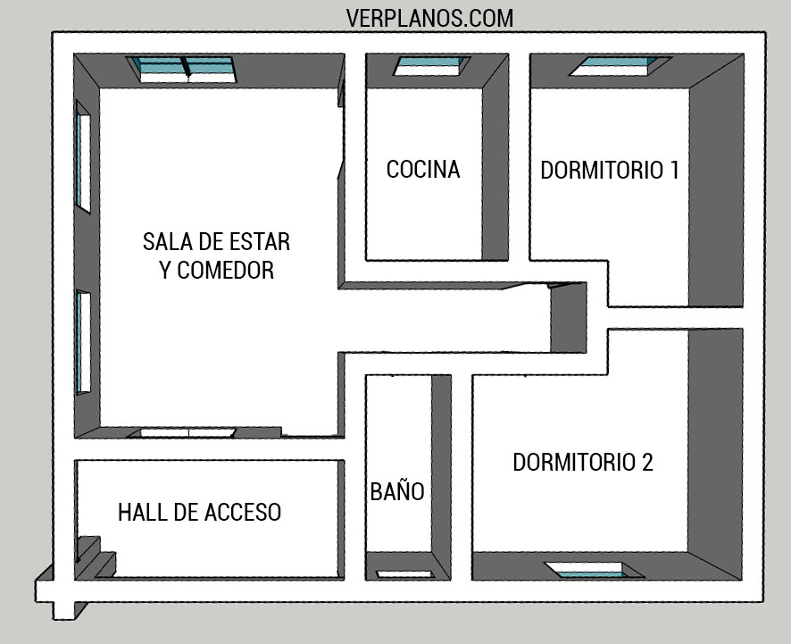 Vista en planta plano de casa de 1 piso con medidas distribución de ambientes