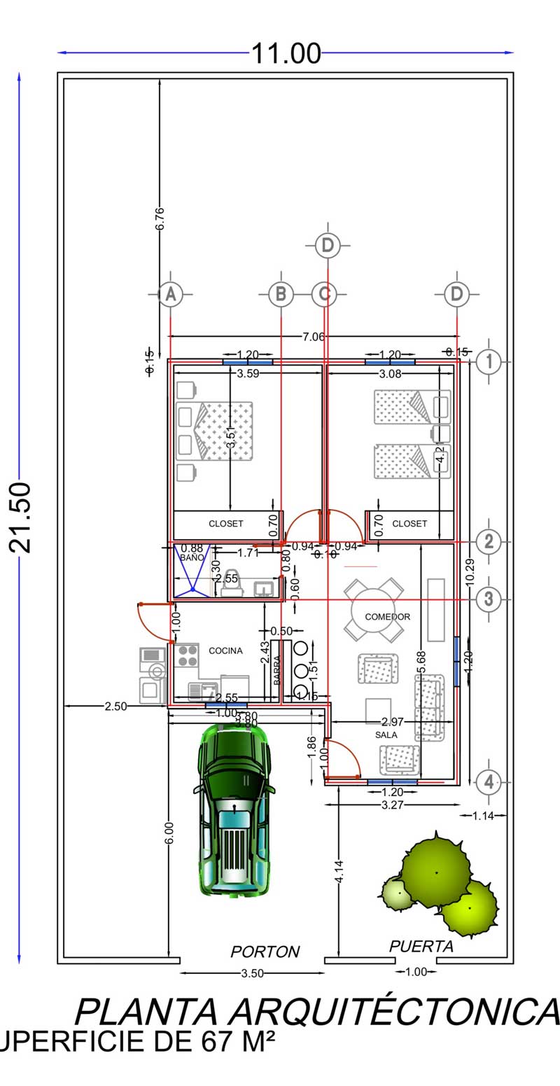 Vista previa plano de casa económica de 2 dormitorios 1 piso 1 cuarto de baño