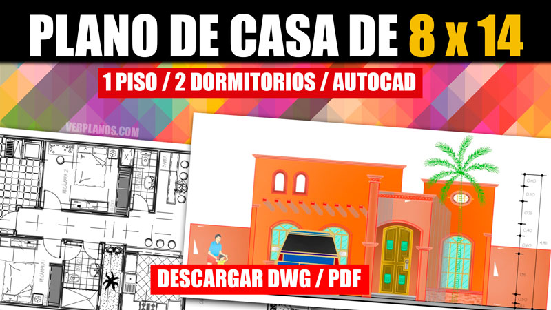 Plano de casa con medidas 1 piso y 2 dormitorios dwg y pdf descargar gratis