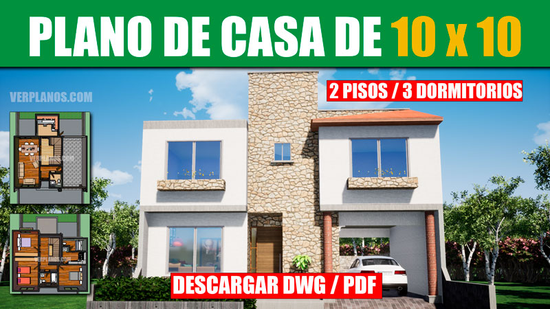 Plano de casa de 3 habitaciones 2 pisos con medidas en autocad y pdf para descargar gratis