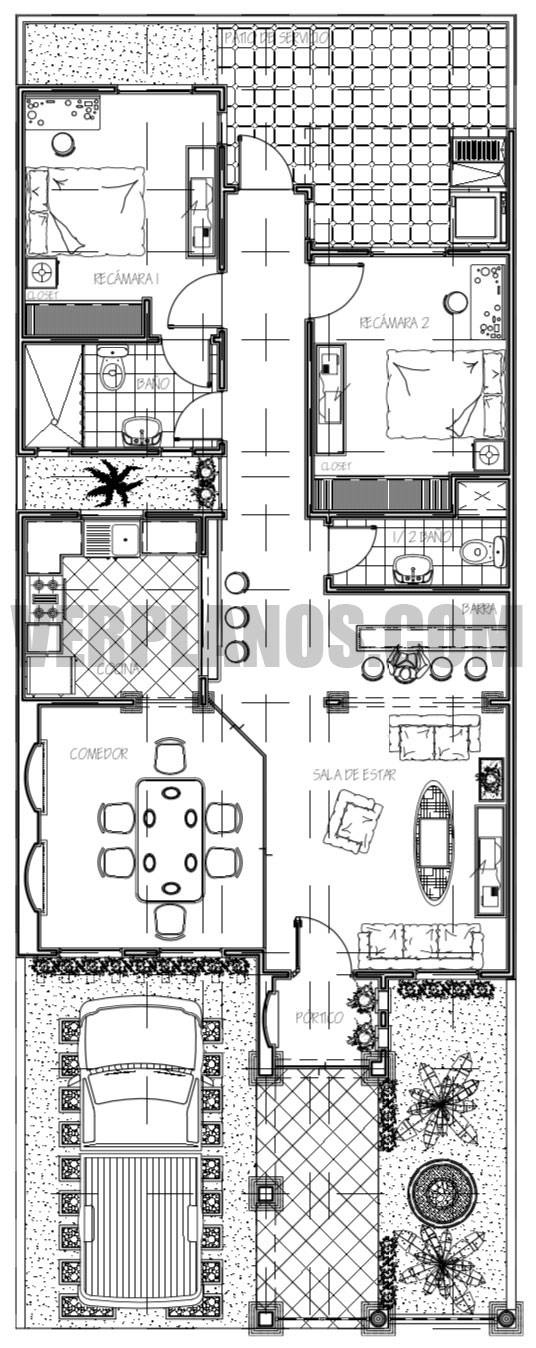 Vista previa plano de casa de 1 piso y 2 dormitorios