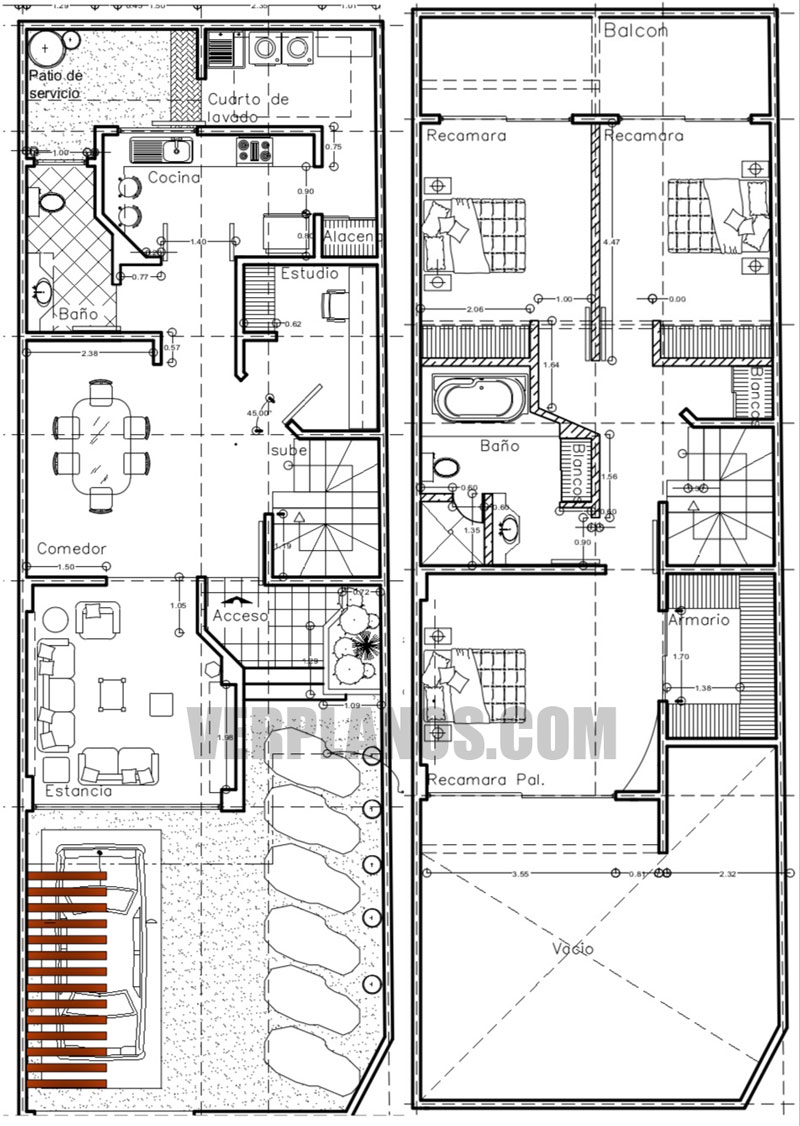 Plano de casa sitio angoto con medidas terreno angosto dos pisos tres dormitorios