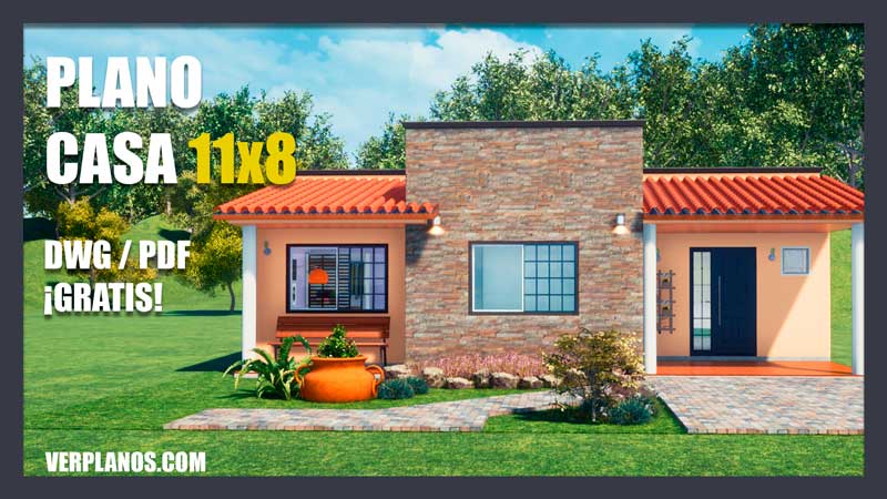 plano de casa de 1 piso con 2 habitaciones y 2 baños gratis para descargar en DWG