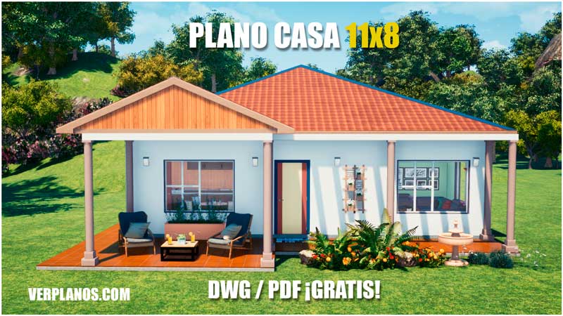 Plano de casa con tres dormitorios y dos baños