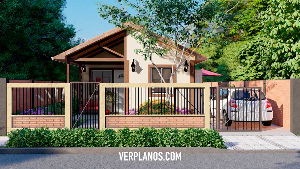 Fachada plano de casa pequeña y económica de 1 piso con 2 dormitorios 1 baño