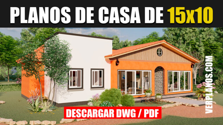 plano de casa 1 piso con 3 dormitorios y 2 baños en autocad y pdf