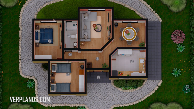 Vista previa en planta plano de casa de 1 piso con 2 dormitorios