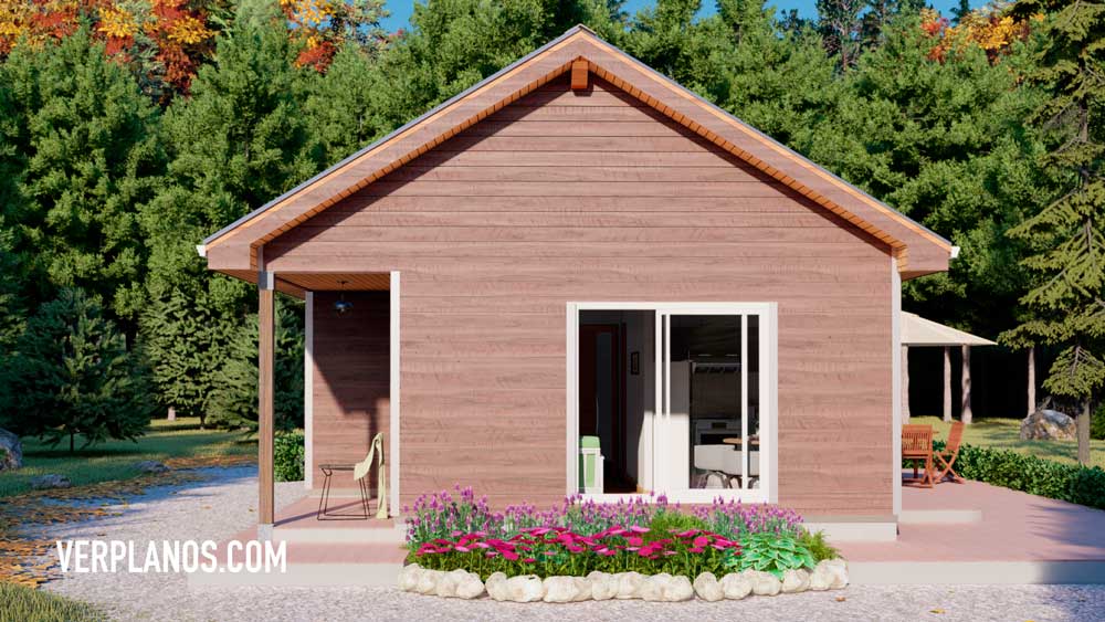 Fachada planos de casa de campo o cabaña de 3 dormitorios 1 baño vista previa en 3D