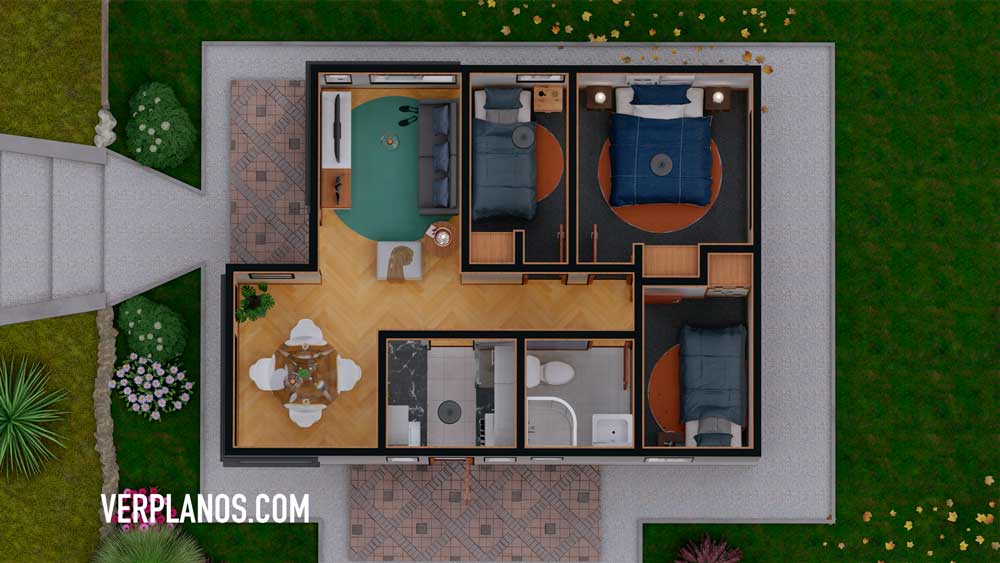 Vista en planta de la distribución de este plano de casa en autocad