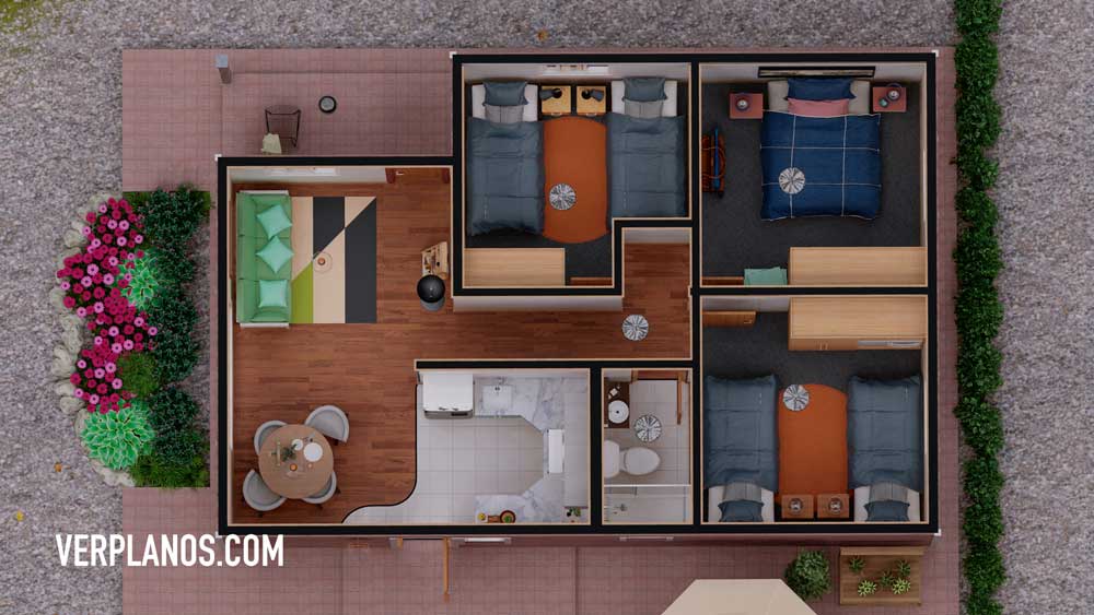 Vista previa en 3D del plano de casa vista en planta