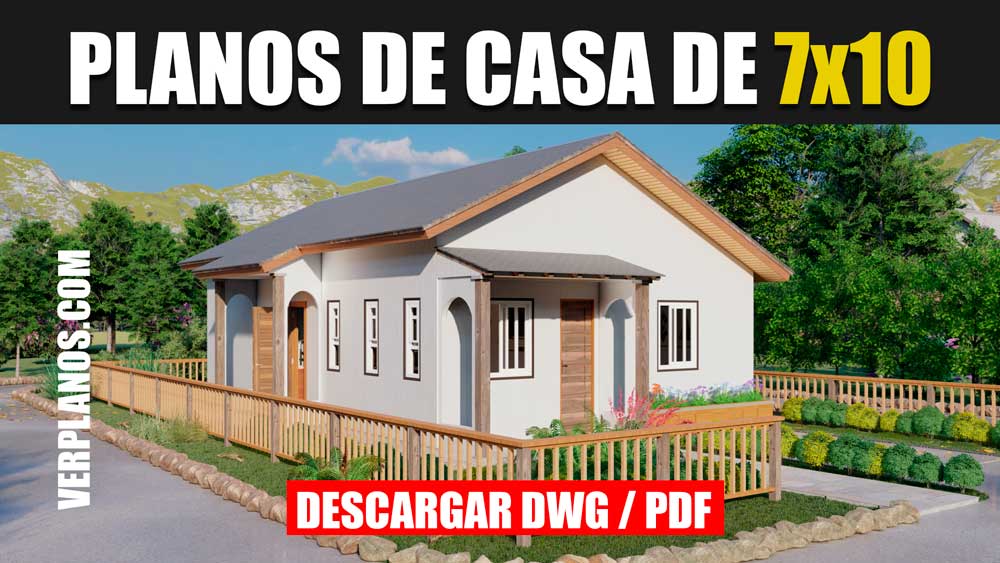 Plano de casa de 1 piso con 3 dormitorios y 2 baños gratis en formato DWg para Autocad y PDF