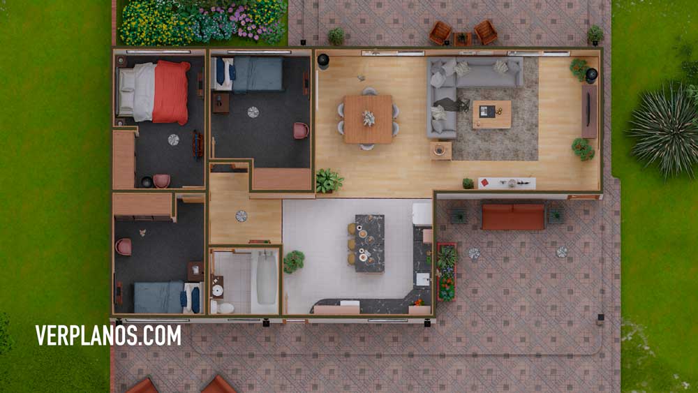 Vista previa Planta Planos de una Casa de Campo de 1 piso y 3 dormitorios