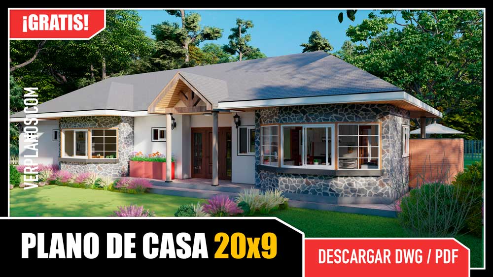Plano de casa de campo de 3 dormitorios 2 baños gratis en dwg para autocad y pdf ¡GRATIS!