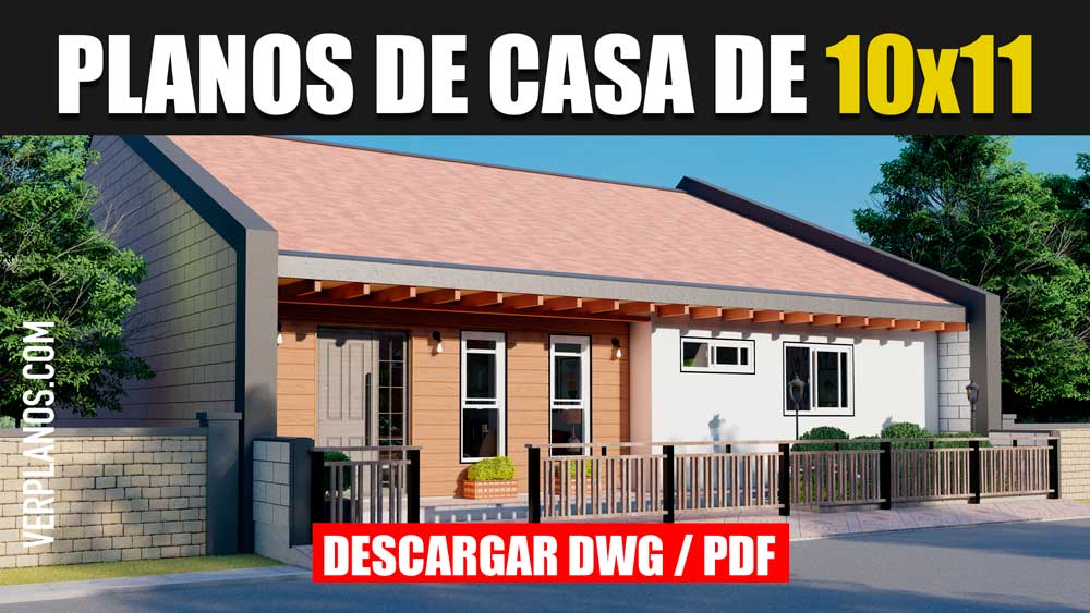 Plano de casa de 1 piso con 2 dormitorios 1 Baño Gratis en Autocad y PDF