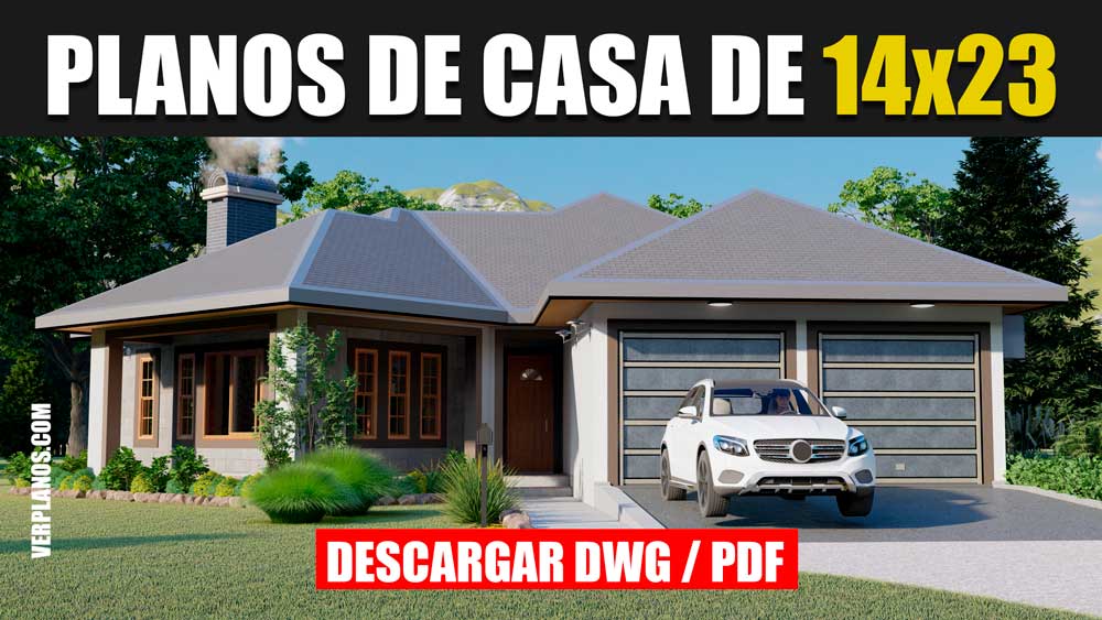 Plano de casa Grande de 1 piso con 4 dormitorios y 3 baños gratis en DWG para Autocad y PDF