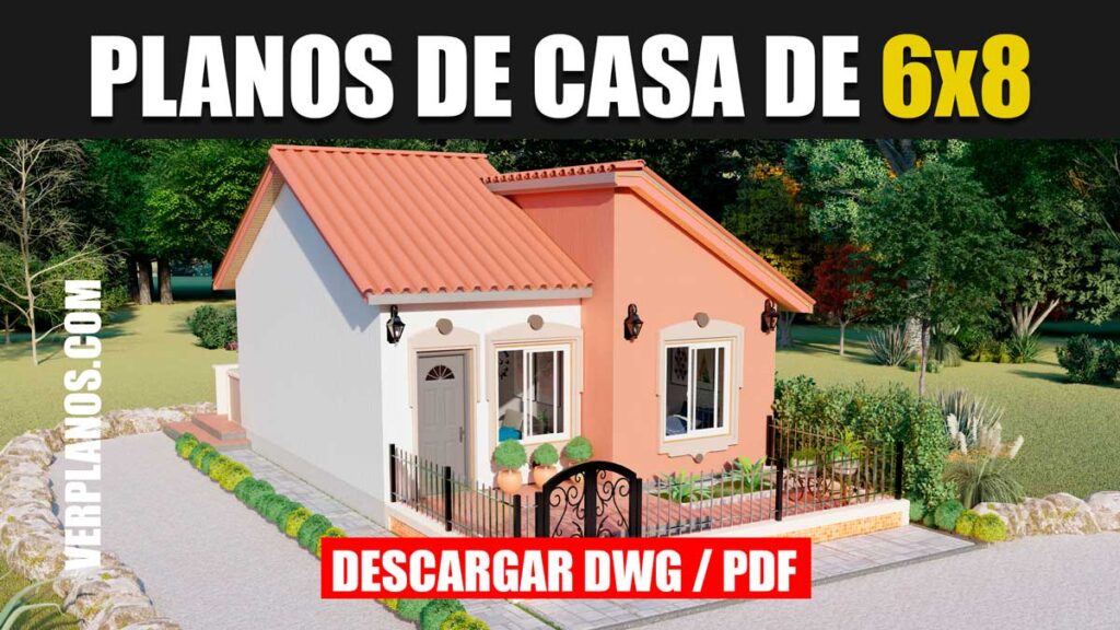 Planos de casa económica y pequeña de 1 piso con 2 dormitorios en formato dwg para autocad