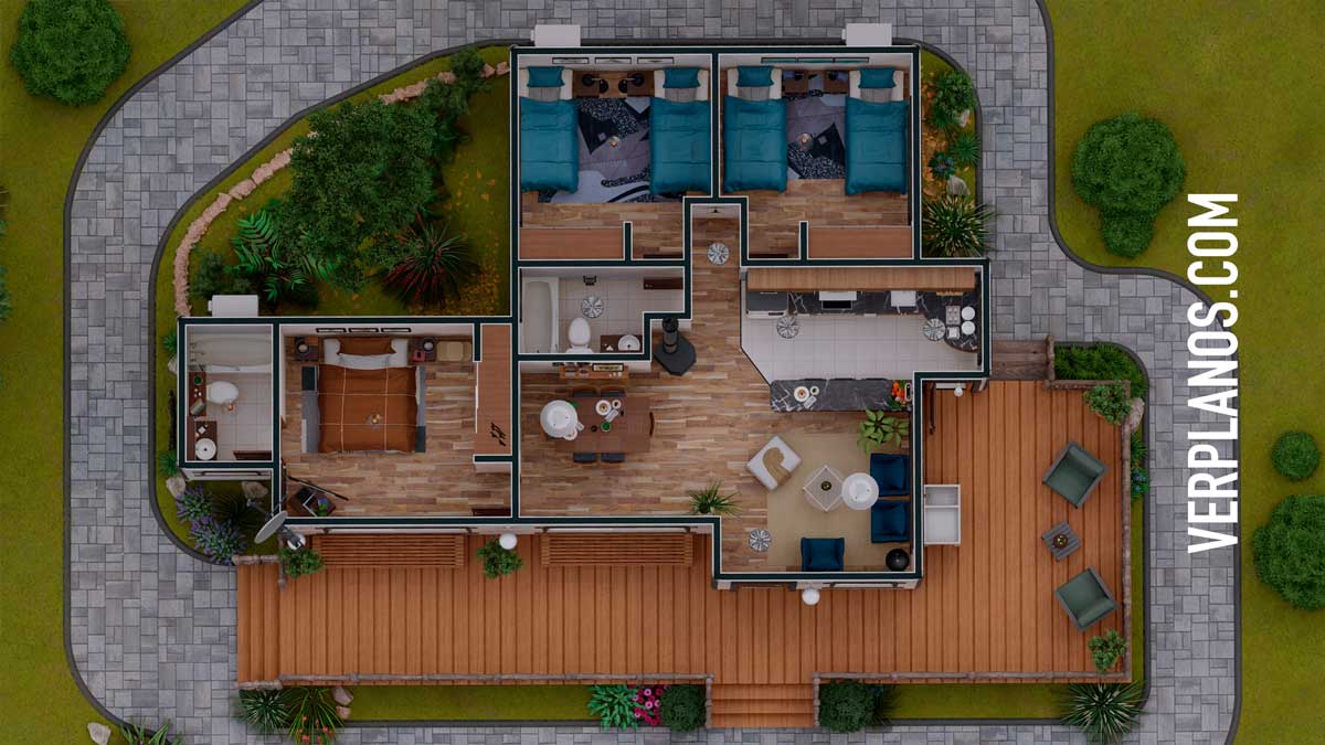 Vista previa planta plano de casa prefabricada 3 dormitorios 2 baños gratis en autocad y pdf