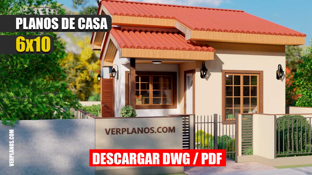 Económico plano de casa de 1 piso con 2 dormitorios y 1 baño en autocad y pdf para descargar gratis maqueta 3d
