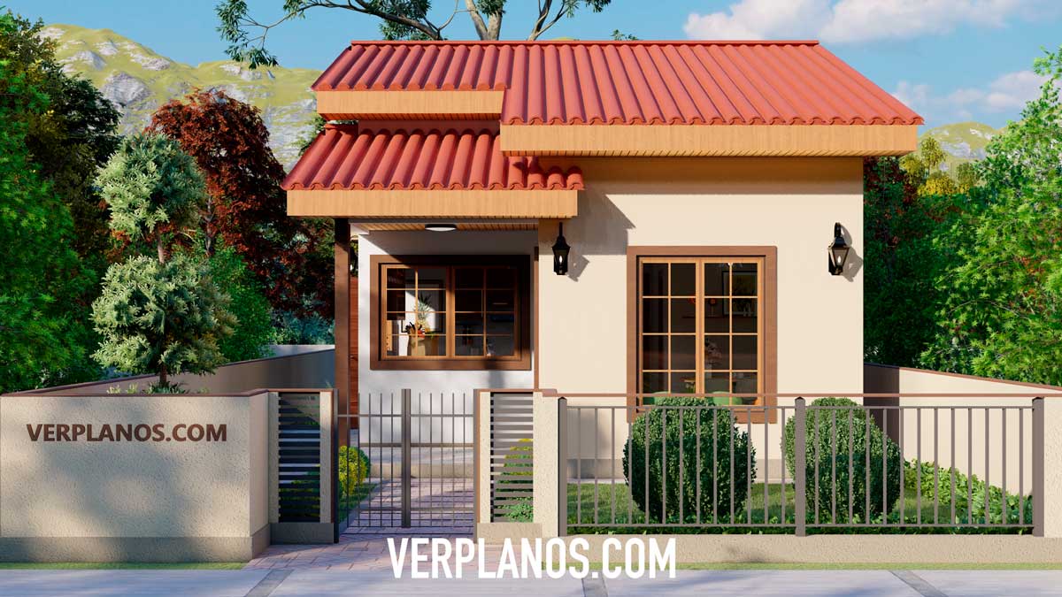 Vista previa de su fachada principal plano de casa 3d económico y pequeña de 2 dormitorios y 1 baño